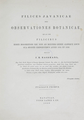 1629
<br/>
Filices Javanicae seu Observationes botanicae, quas de filicibus horti Bogoriensis nec non ad montem Gedeh aliisque locis sua sponte crescentibus annis 1855 et 1856. Pugillus Primus.
<br/>
<em></em>